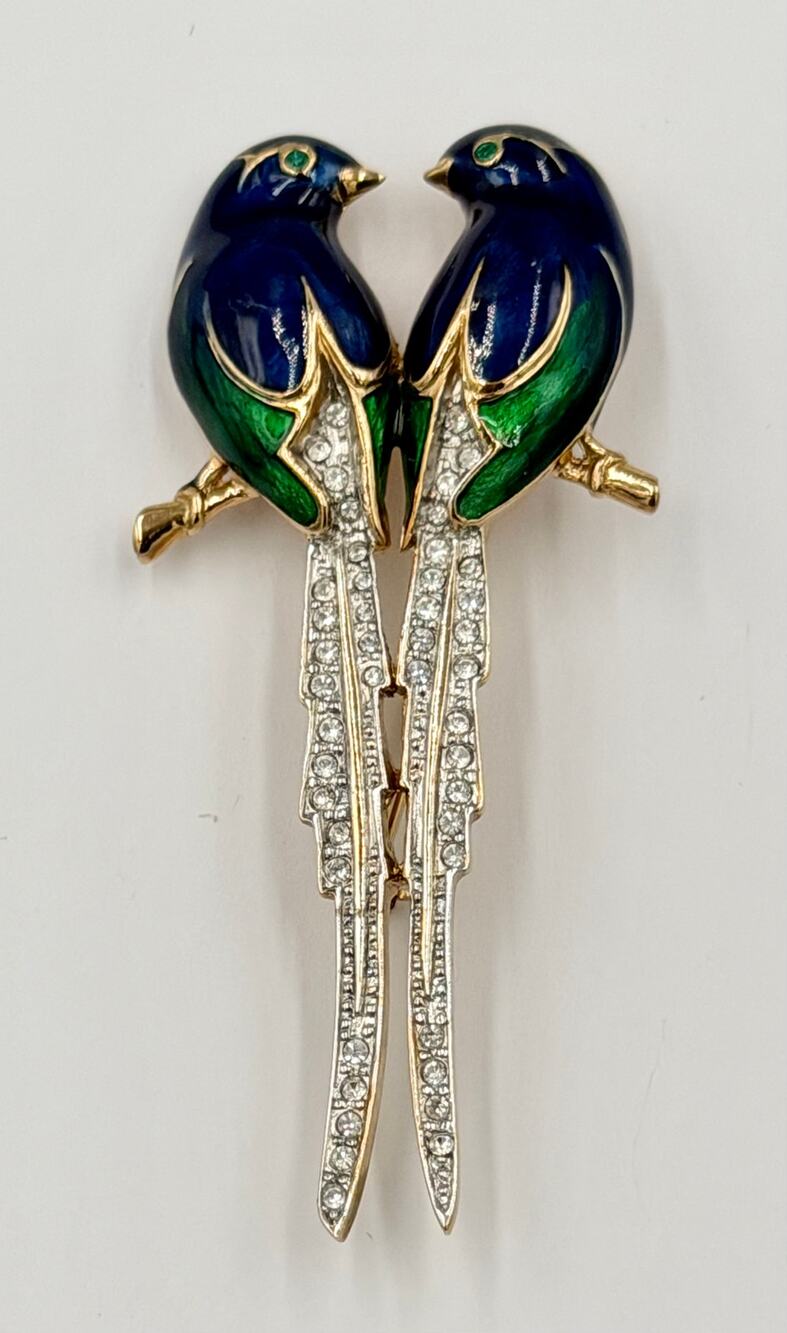 Vintage Carolee Enameled Twin Parrot Lovebirds Brooch